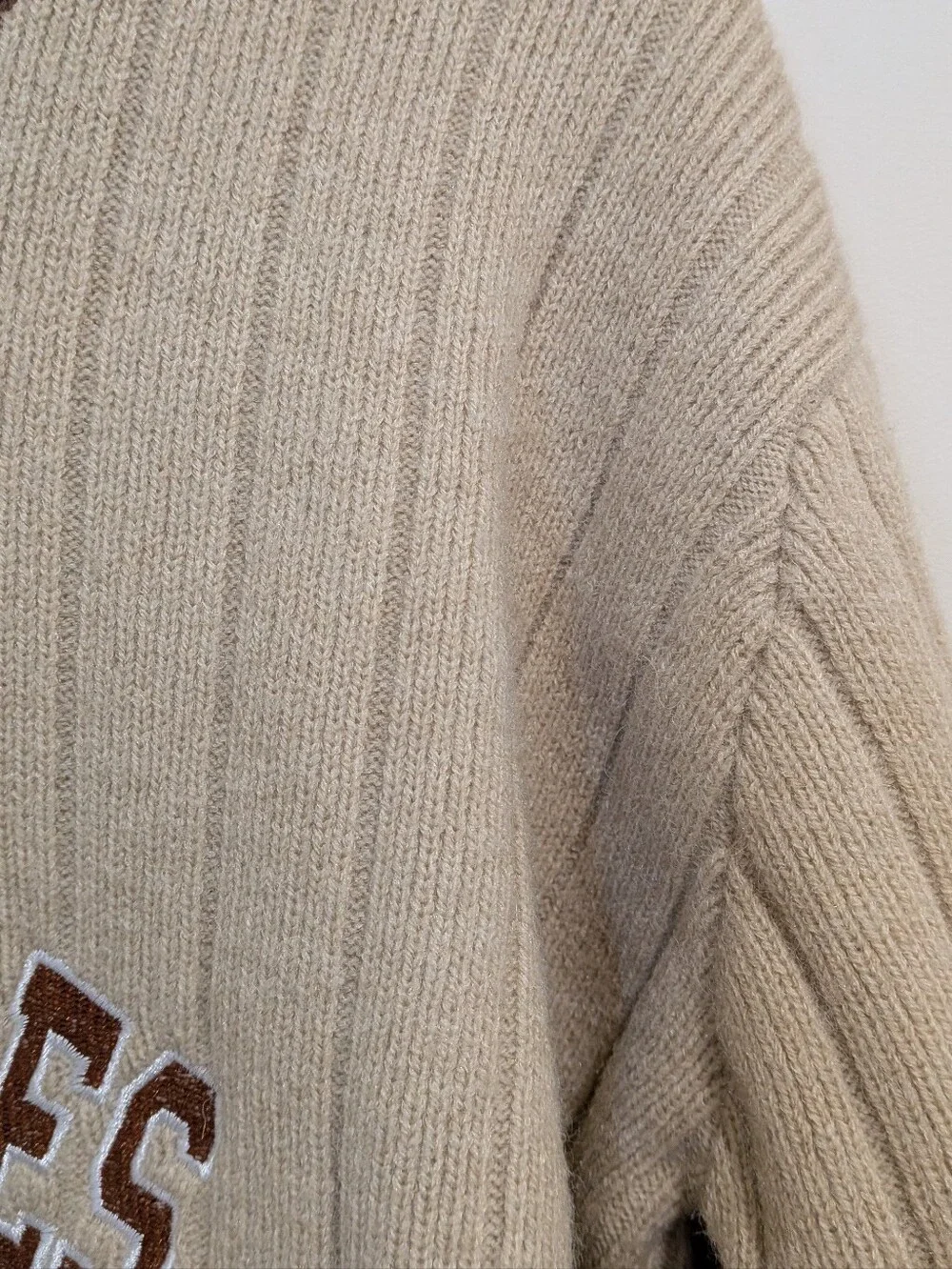 Beige and Brown Rib Knit Sweater with Striped Sleeve size S- Collegiate Academia